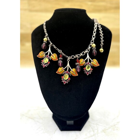 Chicos‎ Floral Rhinestone Statement Necklace 17" Extender Enamel Leaf Silvertone - Picture 1 of 15